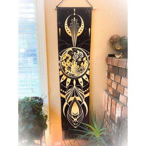 Gorgeous black and gold sun moon earth lotus flower Art Deco style wall hanging
